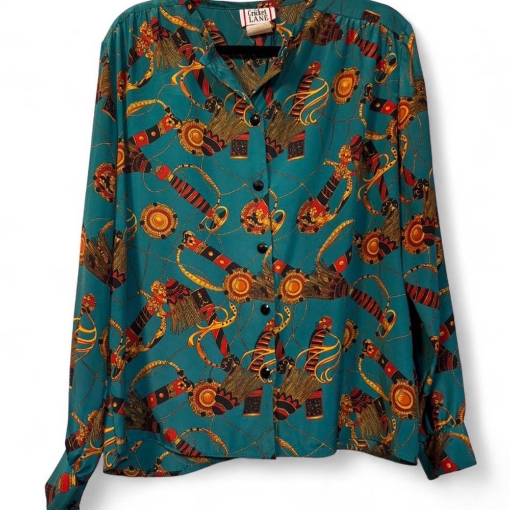 Vintage Esquestrian Heraldic Baroque foulard print button-up blouse